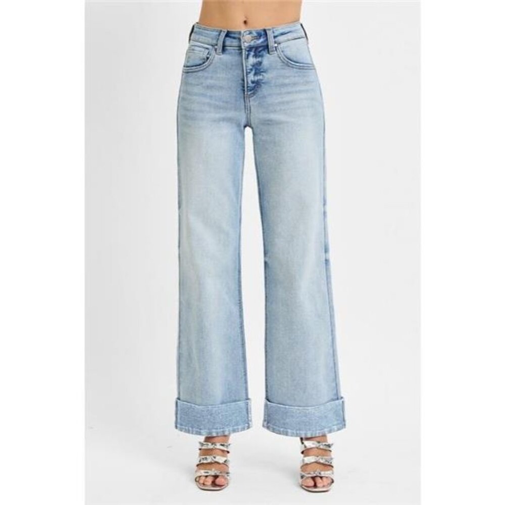 RISEN Full Size Tummy Control High Rise Ankle Wide Cuffed Jeans Plus‎ Size